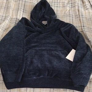 Velour Navy Hooded Pullover Sweatshirt Soft Material